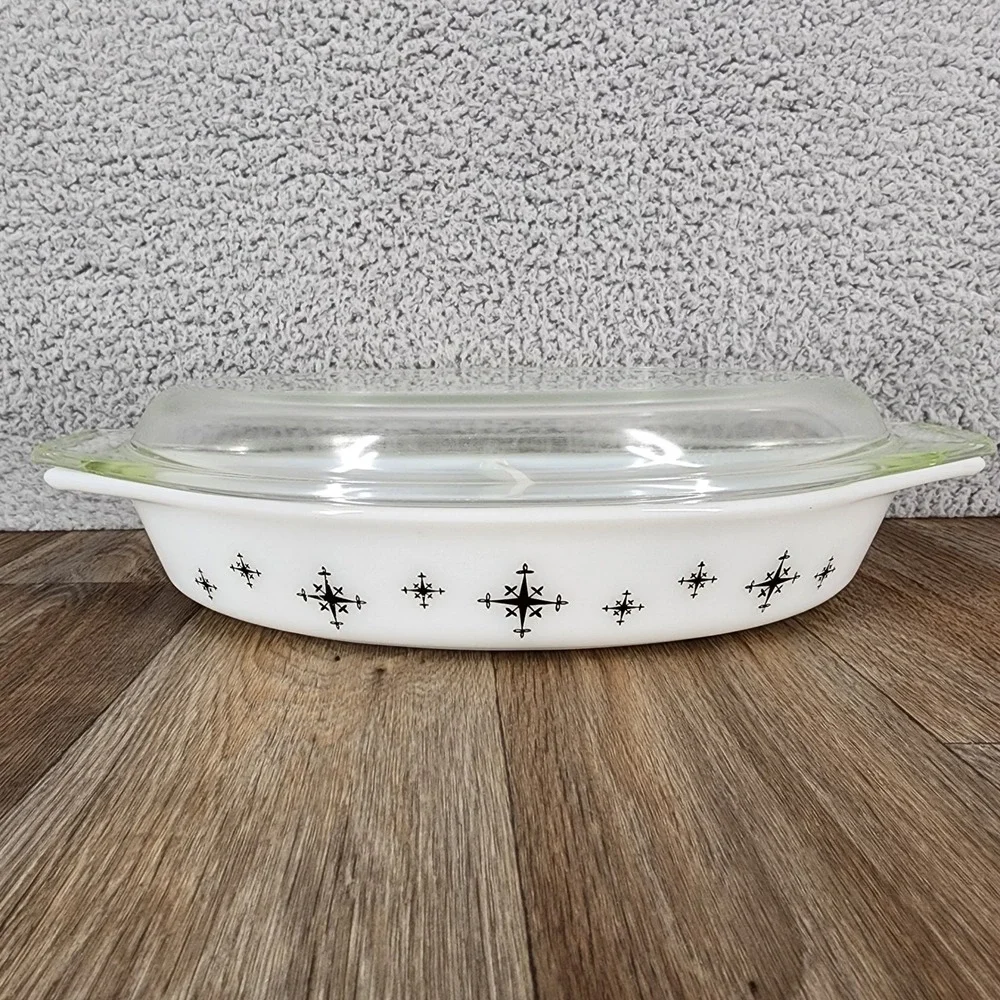 Vintage Pyrex Black Starburst Divided Casserole Dish 1.5 Qt with Lid 063 MCM
